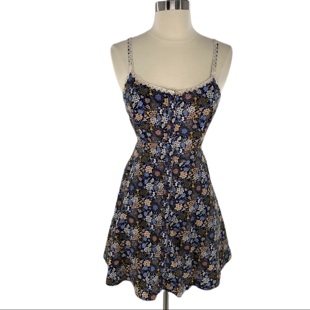 XII Black Blue Yellow Floral Print Waist Tie Dress